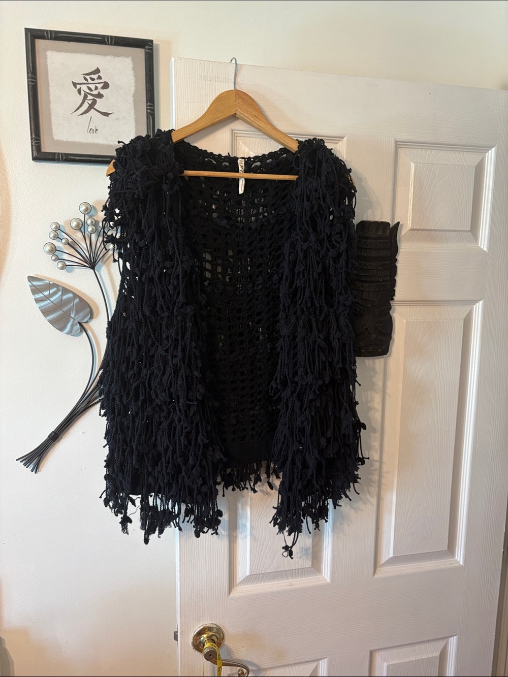POL Black Crochet Fringe Open-Front Vest